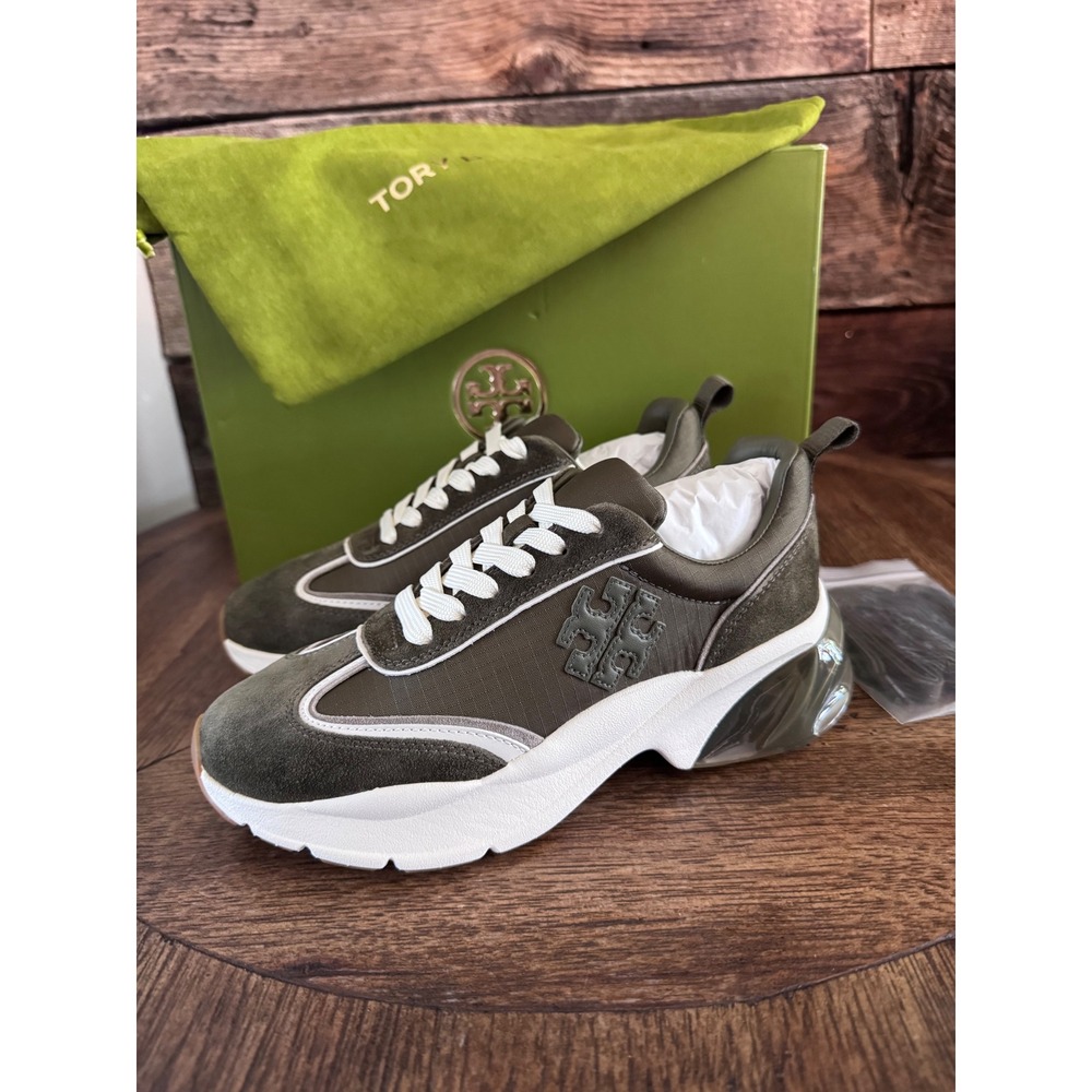 Tory Burch Good Luck Bubble Trainer Dark Olive Nylon Suede Sneakers 16591 Sz 5.5